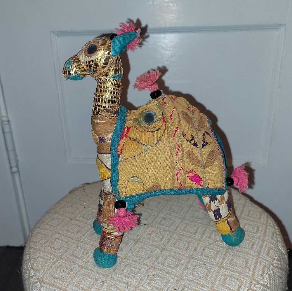 Vintage India Folk Art Camel Hand Woven Fabric Mirror Bead BOHO 100% Cotton 8x6